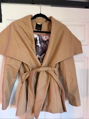 Ted Baker Camel Wrap Belted Jacket with Wide Shawl Collar